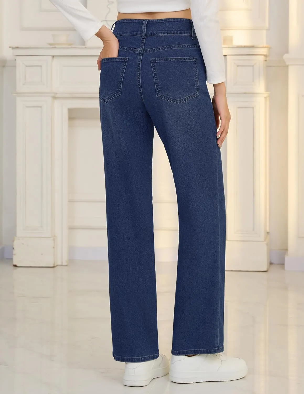 POSHGLAM Wide Leg Jeans for Women Stretchy Straight Denim Pants with 4 Patch Pockets
