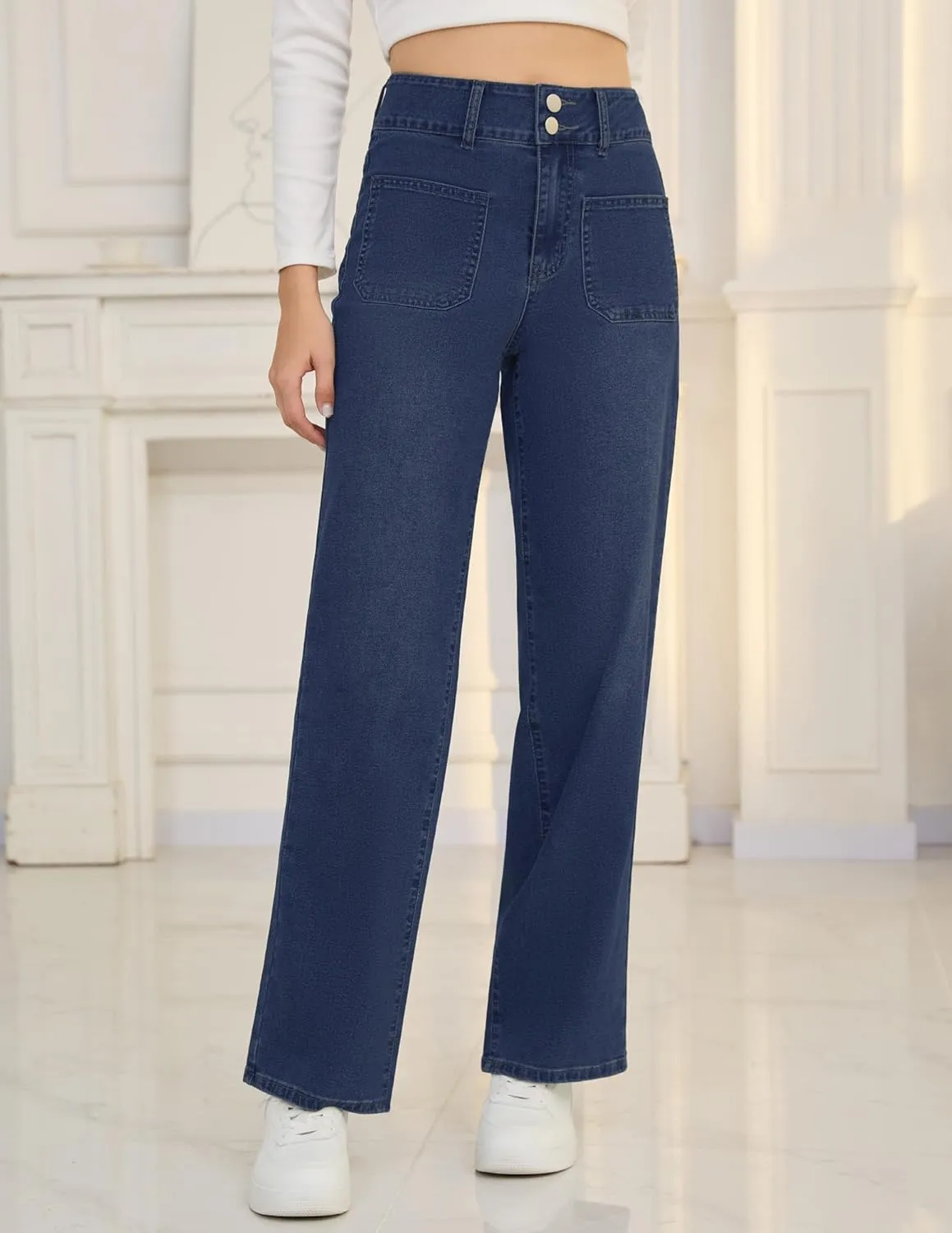 POSHGLAM Wide Leg Jeans for Women Stretchy Straight Denim Pants with 4 Patch Pockets