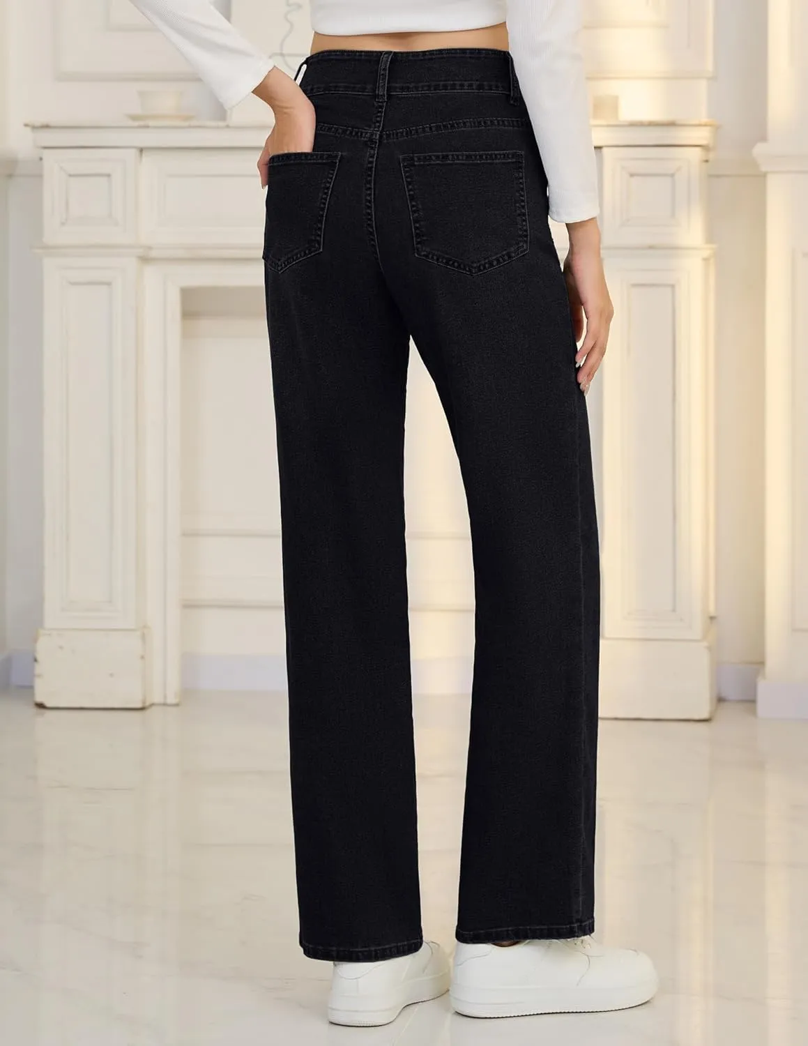 POSHGLAM Wide Leg Jeans for Women Stretchy Straight Denim Pants with 4 Patch Pockets