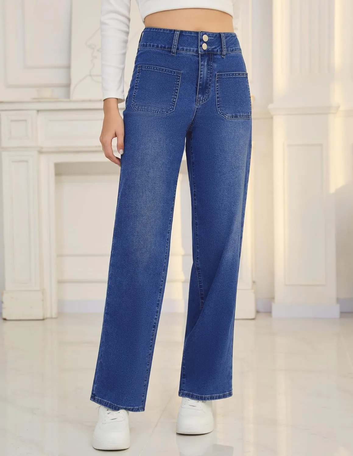 POSHGLAM Wide Leg Jeans for Women Stretchy Straight Denim Pants with 4 Patch Pockets