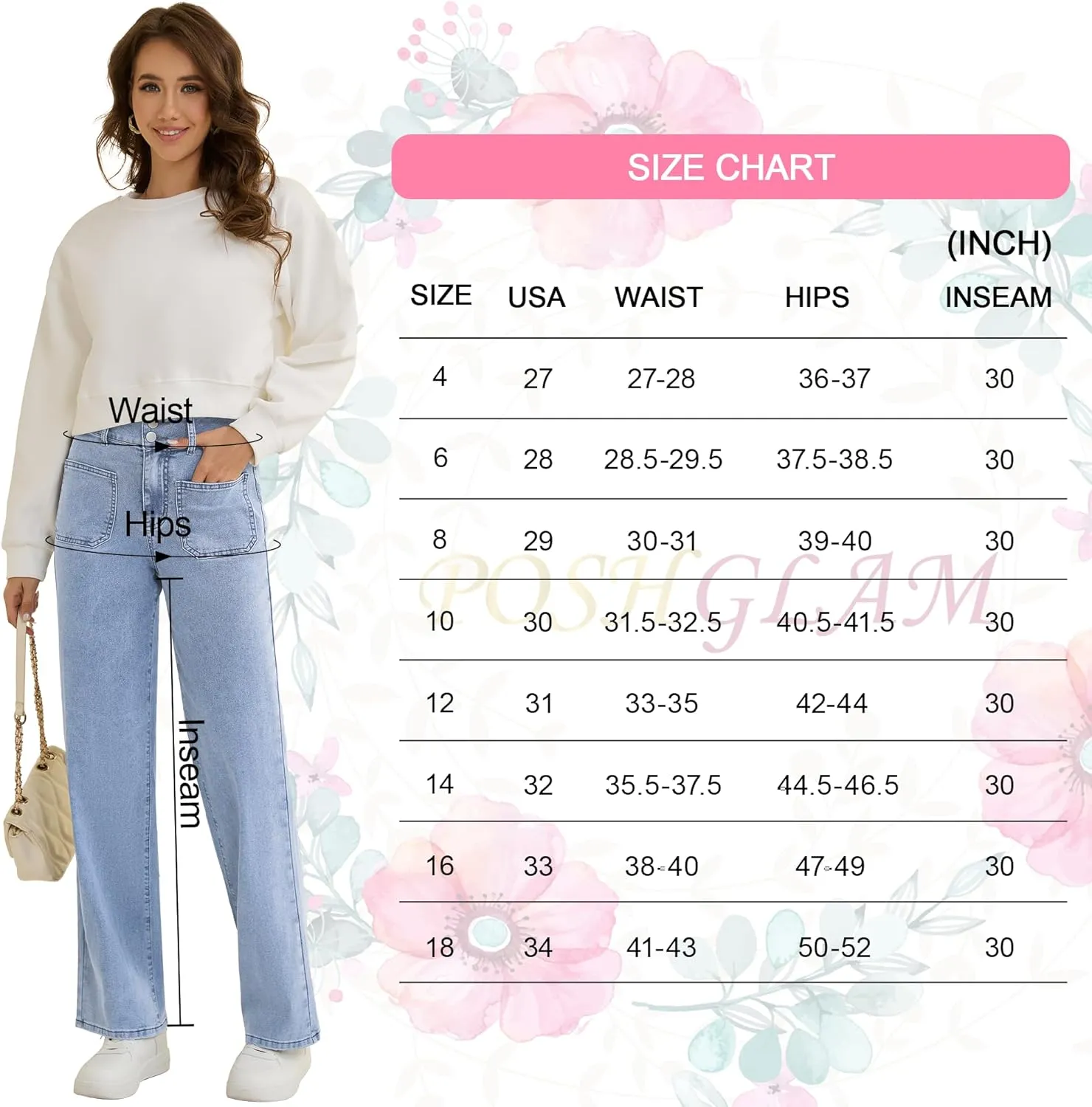 POSHGLAM Wide Leg Jeans for Women Stretchy Straight Denim Pants with 4 Patch Pockets