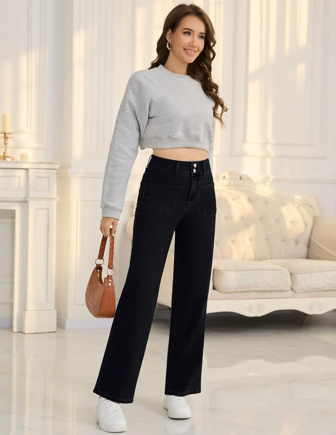 POSHGLAM Wide Leg Jeans for Women Stretchy Straight Denim Pants with 4 Patch Pockets