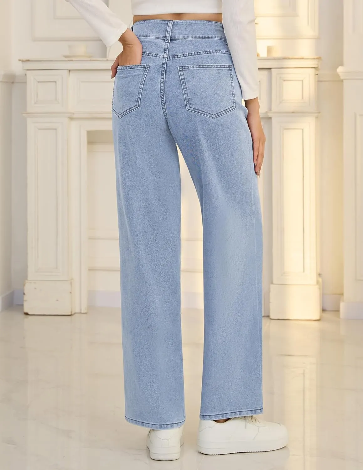 POSHGLAM Wide Leg Jeans for Women Stretchy Straight Denim Pants with 4 Patch Pockets