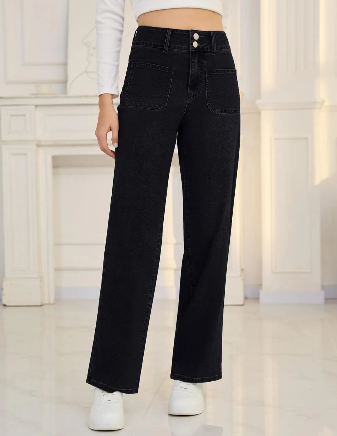 POSHGLAM Wide Leg Jeans for Women Stretchy Straight Denim Pants with 4 Patch Pockets