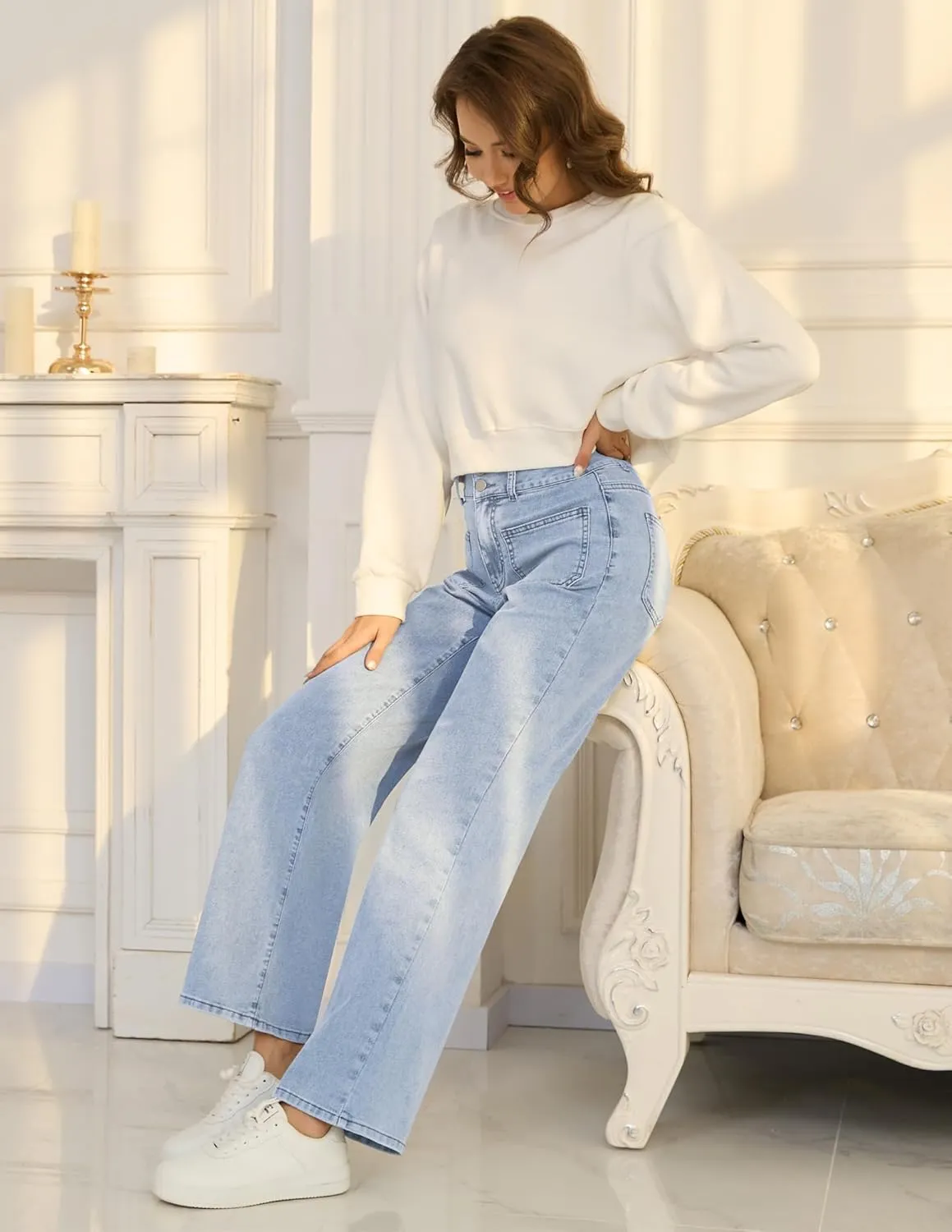 POSHGLAM Wide Leg Jeans for Women Stretchy Straight Denim Pants with 4 Patch Pockets