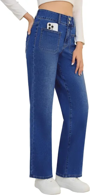 POSHGLAM Wide Leg Jeans for Women Stretchy Straight Denim Pants with 4 Patch Pockets