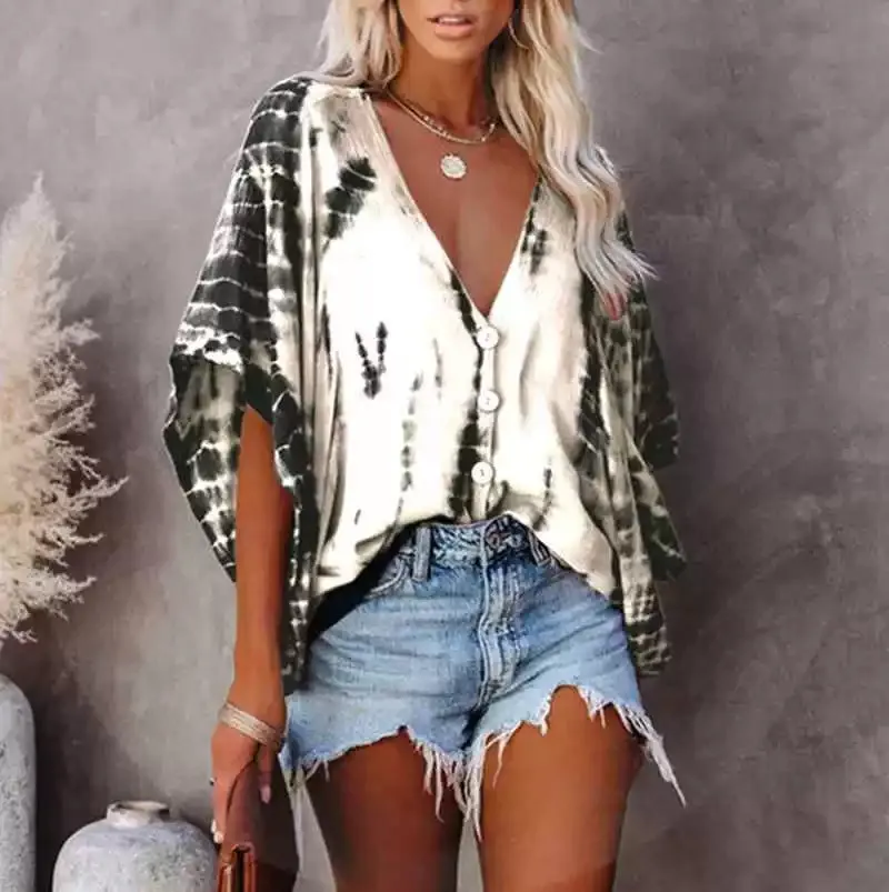 Spring New Tops V-neck Long Sleeve Print Boho Women Shirt