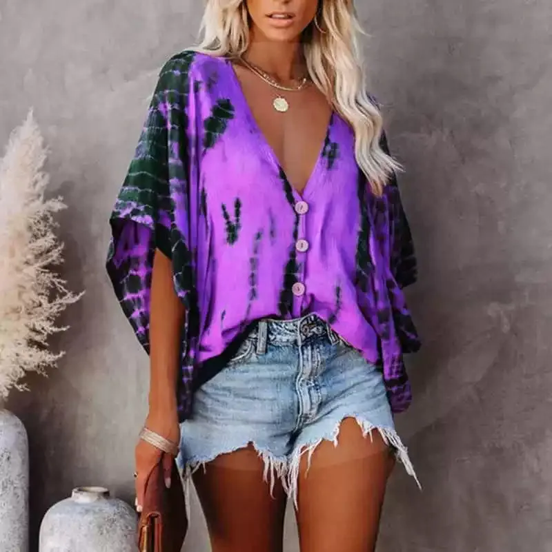 Spring New Tops V-neck Long Sleeve Print Boho Women Shirt
