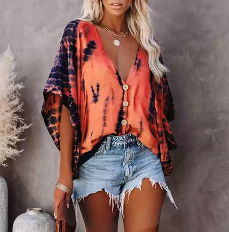 Spring New Tops V-neck Long Sleeve Print Boho Women Shirt