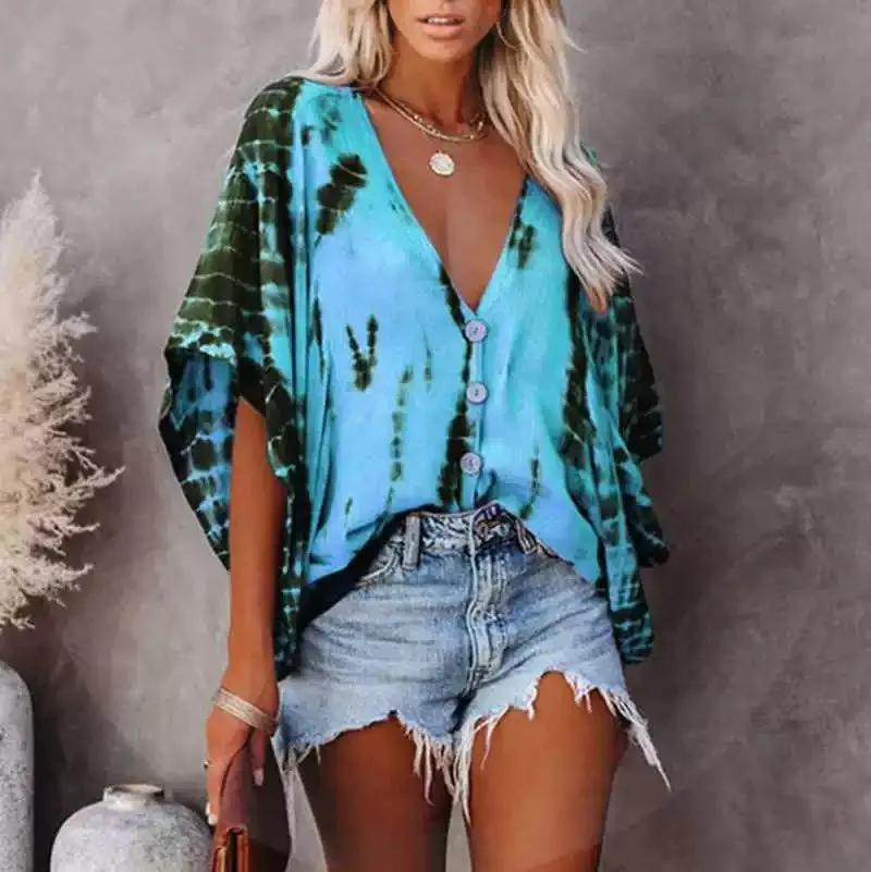 Spring New Tops V-neck Long Sleeve Print Boho Women Shirt