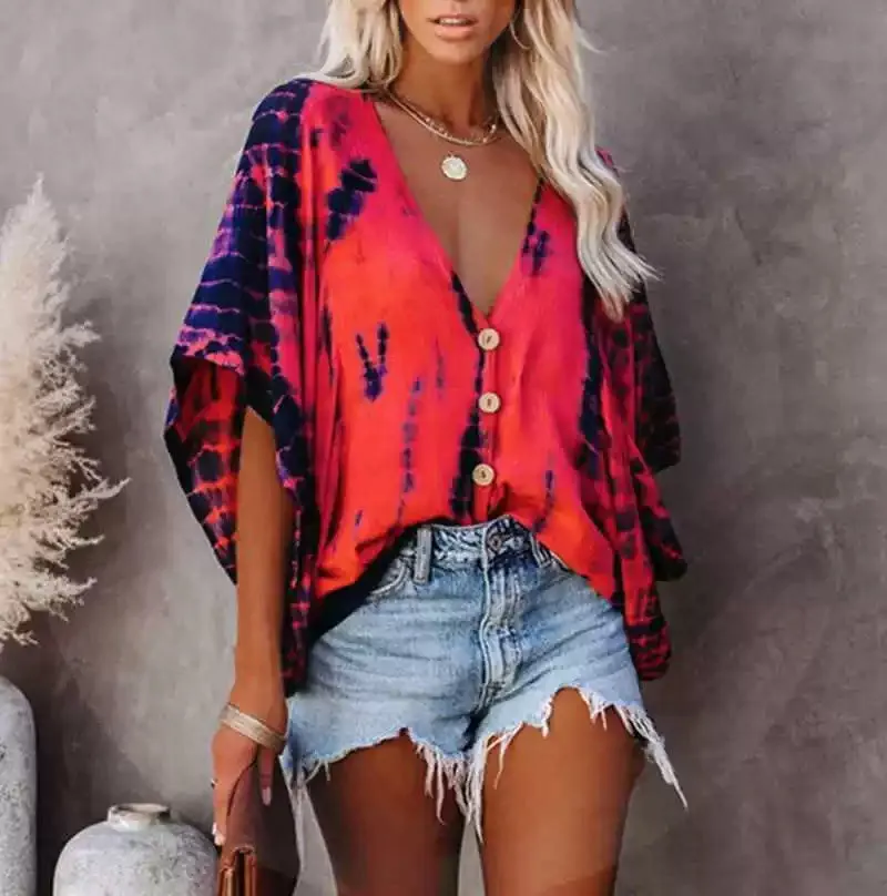 Spring New Tops V-neck Long Sleeve Print Boho Women Shirt