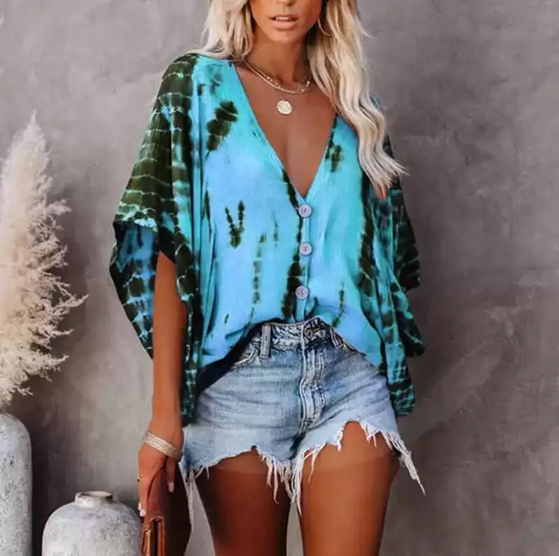 Spring New Tops V-neck Long Sleeve Print Boho Women Shirt