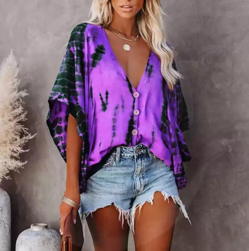 Spring New Tops V-neck Long Sleeve Print Boho Women Shirt
