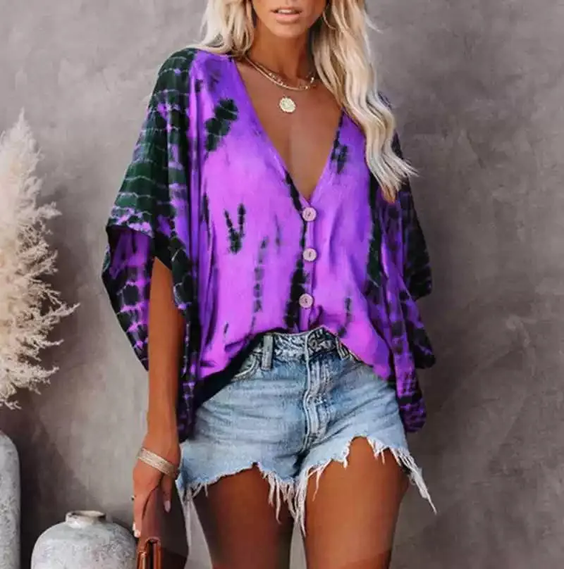 Spring New Tops V-neck Long Sleeve Print Boho Women Shirt