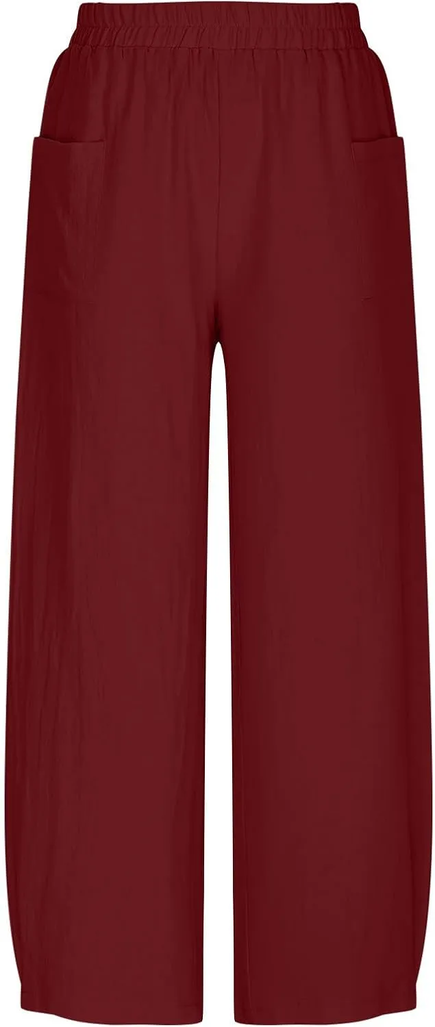 Summer Cotton Linen Pants Women Elastic Waist Straight Pant Wide Leg Beach Trousers Cozy Lightweight Resort Pants