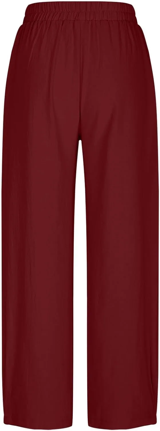 Summer Cotton Linen Pants Women Elastic Waist Straight Pant Wide Leg Beach Trousers Cozy Lightweight Resort Pants