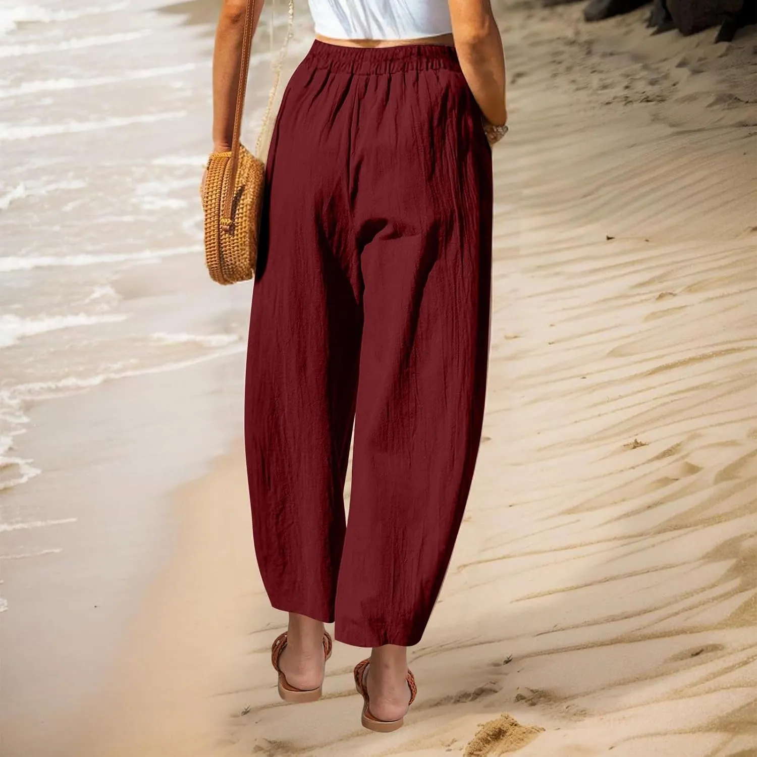 Summer Cotton Linen Pants Women Elastic Waist Straight Pant Wide Leg Beach Trousers Cozy Lightweight Resort Pants