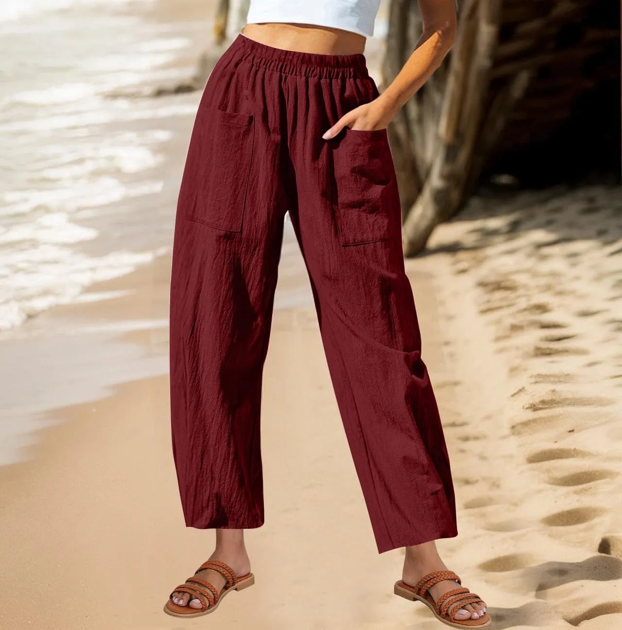 Summer Cotton Linen Pants Women Elastic Waist Straight Pant Wide Leg Beach Trousers Cozy Lightweight Resort Pants