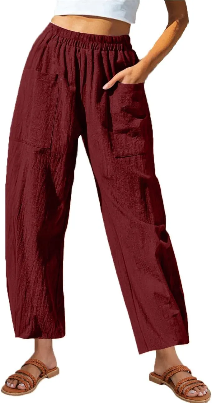 Summer Cotton Linen Pants Women Elastic Waist Straight Pant Wide Leg Beach Trousers Cozy Lightweight Resort Pants