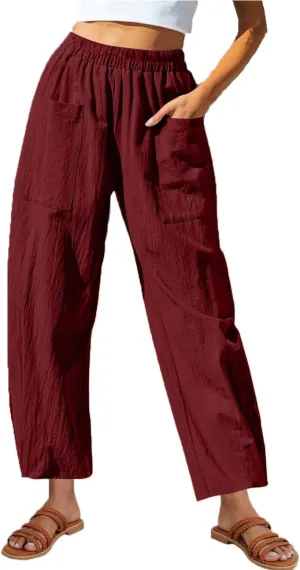 Summer Cotton Linen Pants Women Elastic Waist Straight Pant Wide Leg Beach Trousers Cozy Lightweight Resort Pants