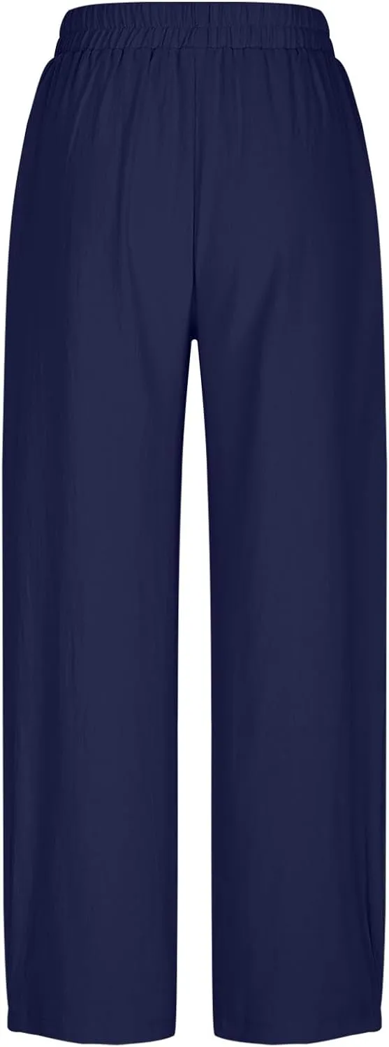 Summer Cotton Linen Pants Women Elastic Waist Straight Wide Leg Beach Trousers Cozy Lightweight Resort Pant Plus Size