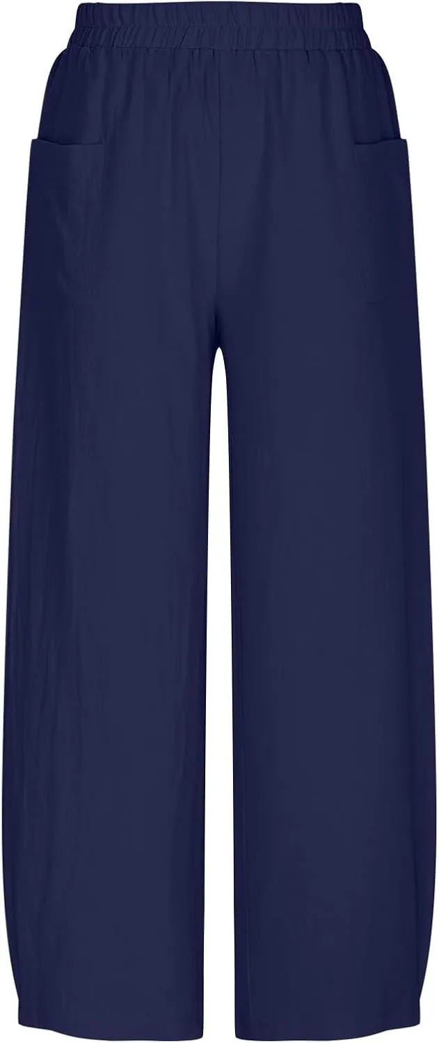 Summer Cotton Linen Pants Women Elastic Waist Straight Wide Leg Beach Trousers Cozy Lightweight Resort Pant Plus Size