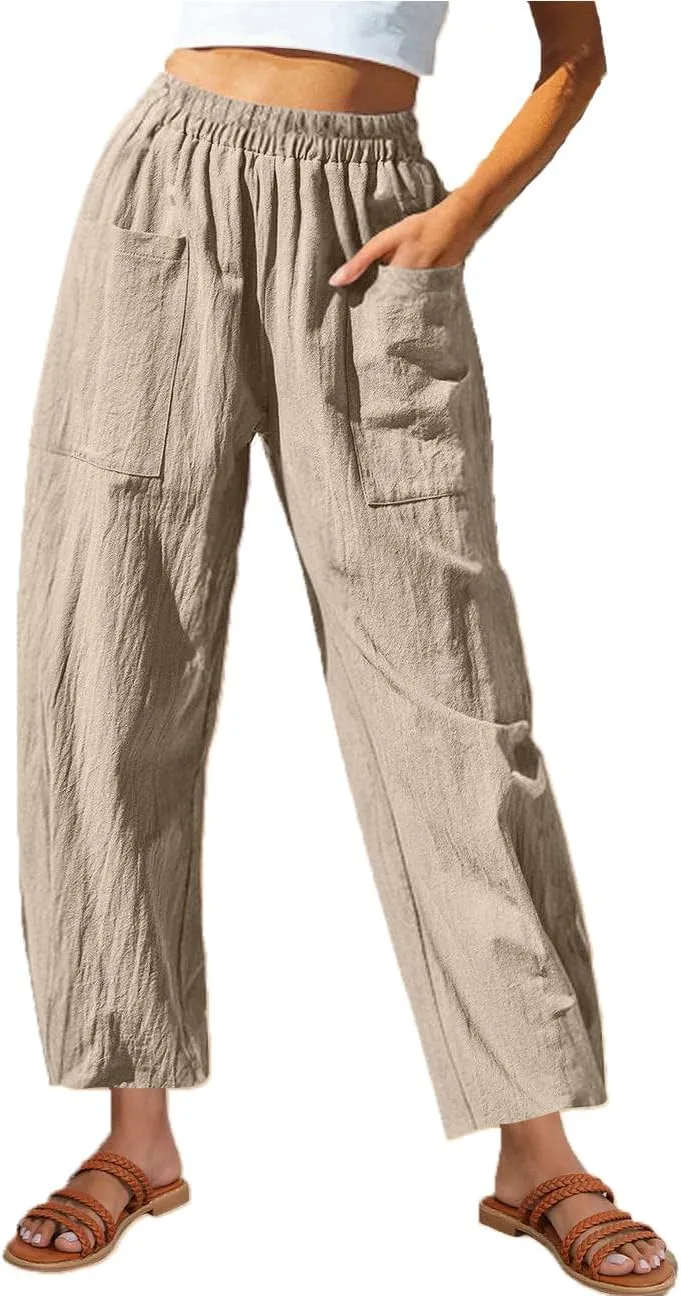 Summer Cotton Linen Pants Women Elastic Waist Straight Wide Leg Beach Trousers Cozy Lightweight Resort Pant Plus Size