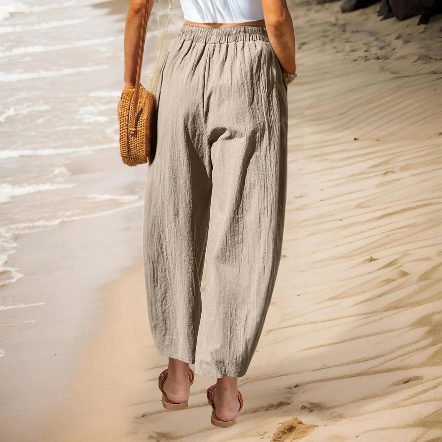 Summer Cotton Linen Pants Women Elastic Waist Straight Wide Leg Beach Trousers Cozy Lightweight Resort Pant Plus Size