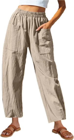 Summer Cotton Linen Pants Women Elastic Waist Straight Wide Leg Beach Trousers Cozy Lightweight Resort Pant Plus Size