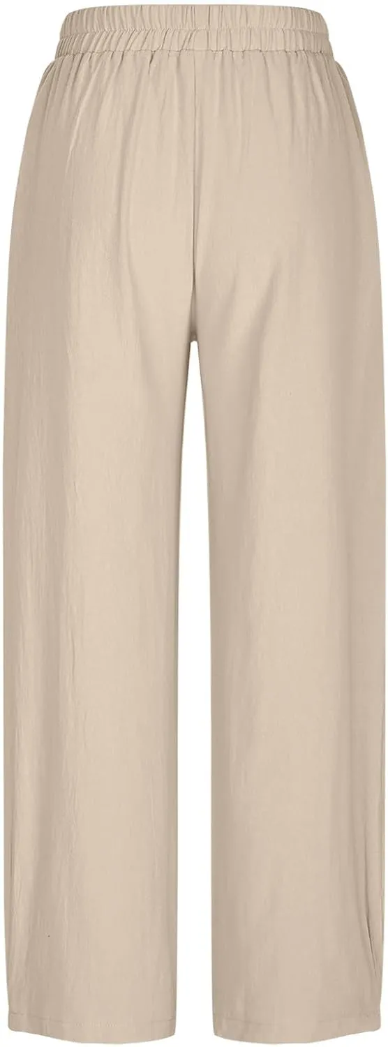 Summer Cotton Linen Pants Women Elastic Waist Straight Wide Leg Beach Trousers Cozy Lightweight Resort Pant Plus Size