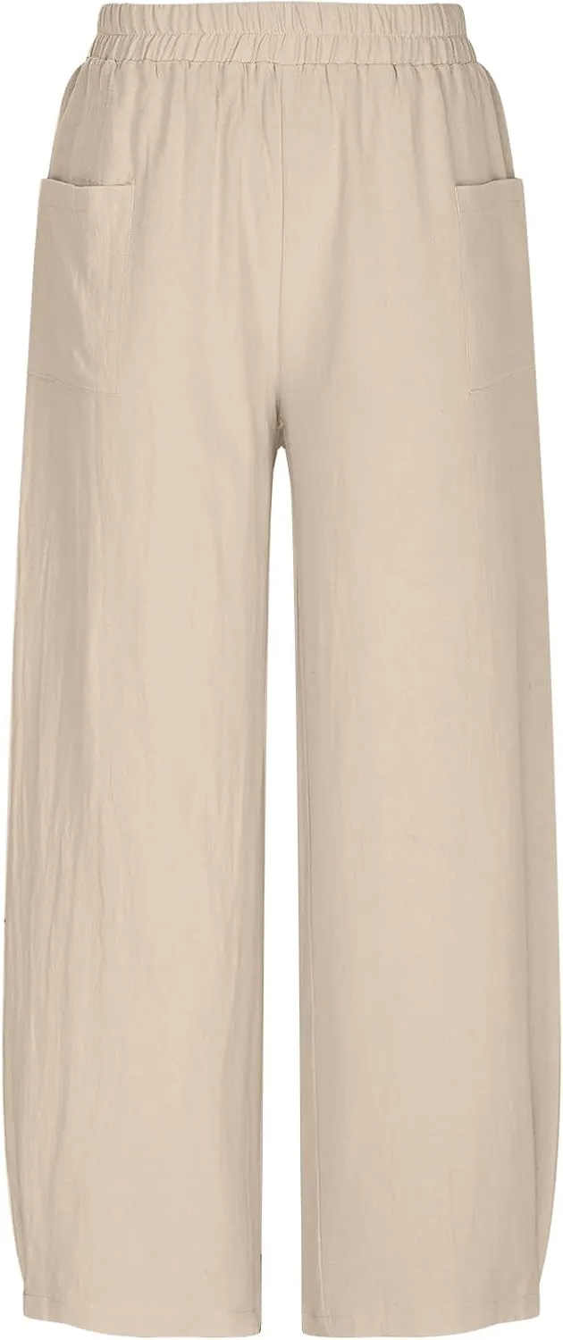 Summer Cotton Linen Pants Women Elastic Waist Straight Wide Leg Beach Trousers Cozy Lightweight Resort Pant Plus Size
