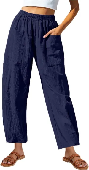 Summer Cotton Linen Pants Women Elastic Waist Straight Wide Leg Beach Trousers Cozy Lightweight Resort Pant Plus Size