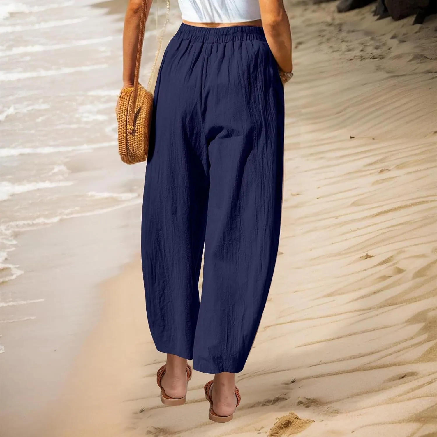 Summer Cotton Linen Pants Women Elastic Waist Straight Wide Leg Beach Trousers Cozy Lightweight Resort Pant Plus Size