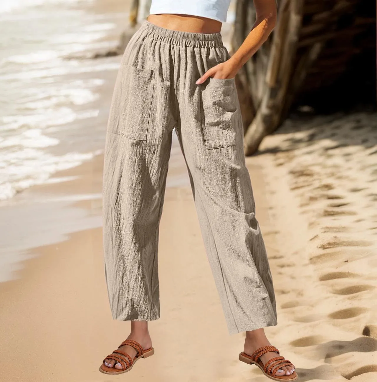 Summer Cotton Linen Pants Women Elastic Waist Straight Wide Leg Beach Trousers Cozy Lightweight Resort Pant Plus Size