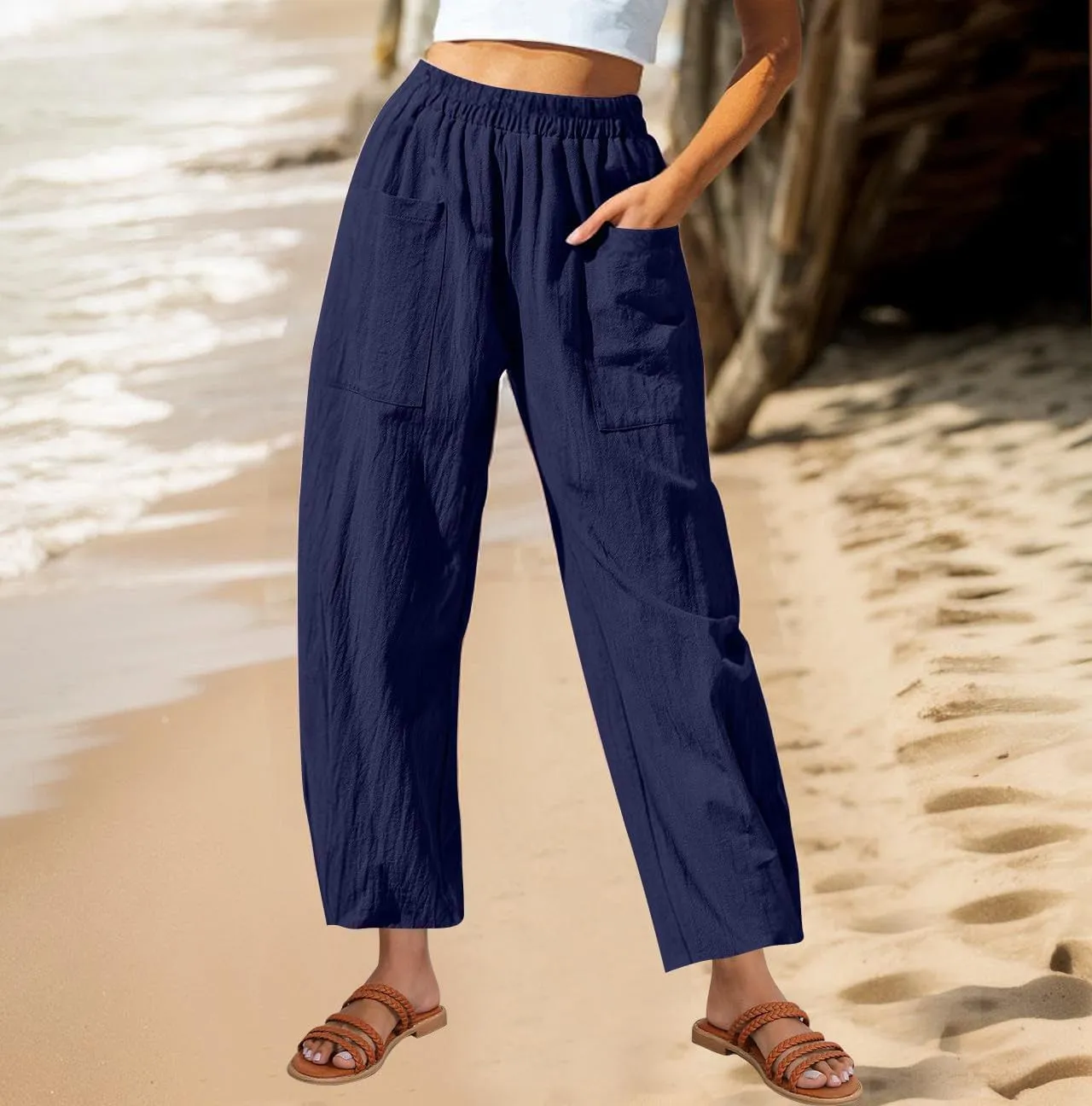 Summer Cotton Linen Pants Women Elastic Waist Straight Wide Leg Beach Trousers Cozy Lightweight Resort Pant Plus Size