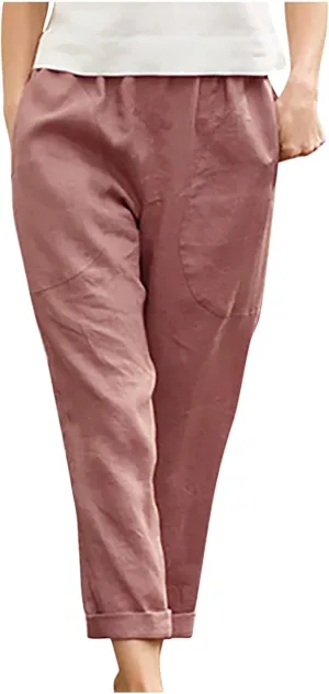 Summer Cotton Linen Pants Women Trendy Ankle Trousers High Waist Cozy Beach Pants Loose Fit Linen Straight Leg Pants