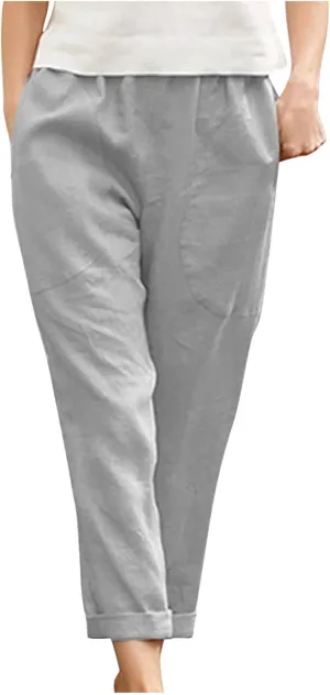 Summer Cotton Linen Pants Women Trendy Ankle Trousers High Waist Cozy Beach Pants Loose Fit Linen Straight Leg Pants