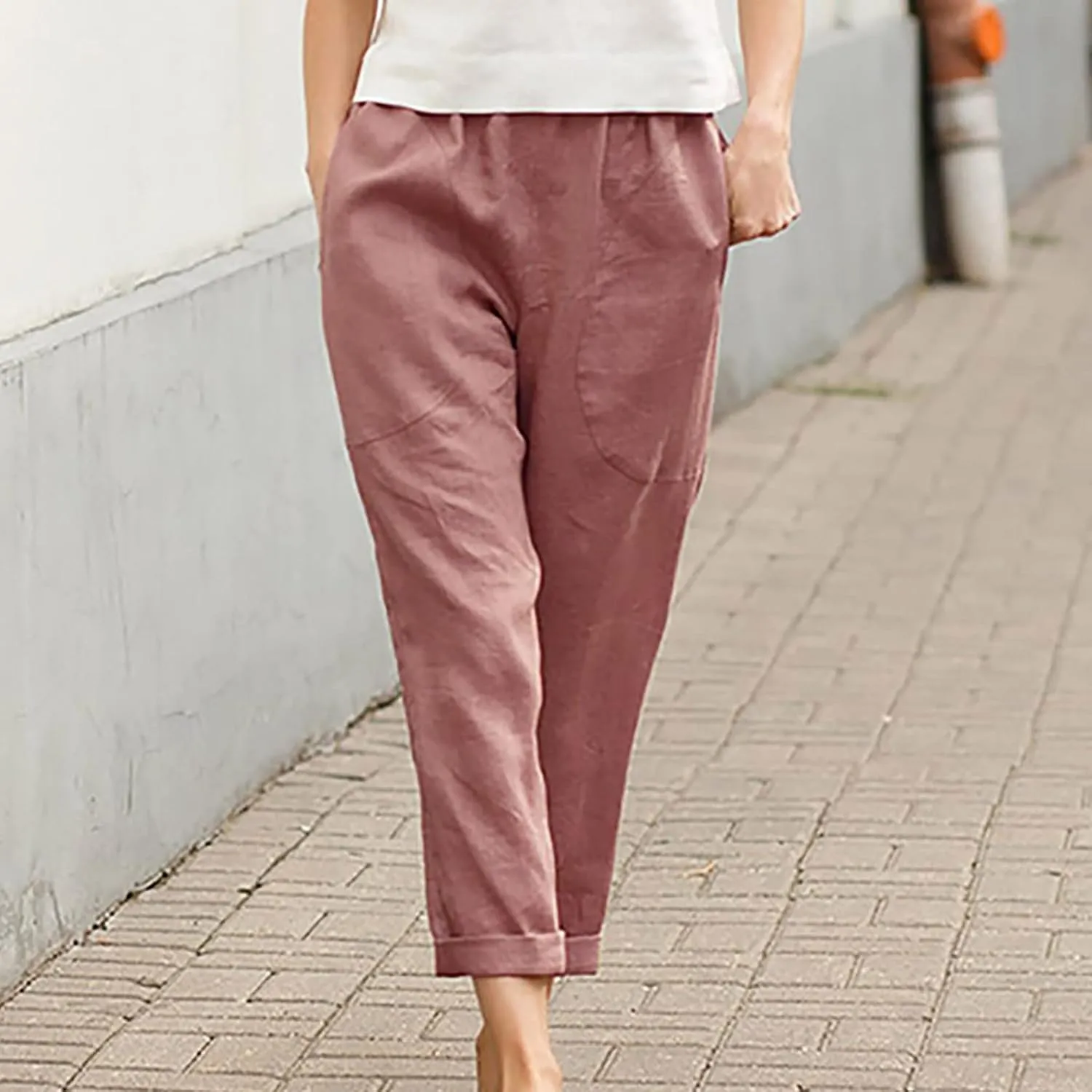 Summer Cotton Linen Pants Women Trendy Ankle Trousers High Waist Cozy Beach Pants Loose Fit Linen Straight Leg Pants