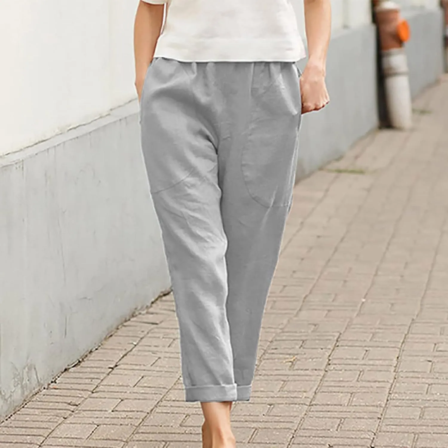Summer Cotton Linen Pants Women Trendy Ankle Trousers High Waist Cozy Beach Pants Loose Fit Linen Straight Leg Pants