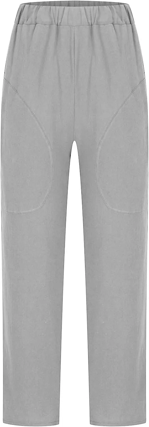 Summer Cotton Linen Pants Women Trendy Ankle Trousers High Waist Cozy Beach Pants Loose Fit Linen Straight Leg Pants