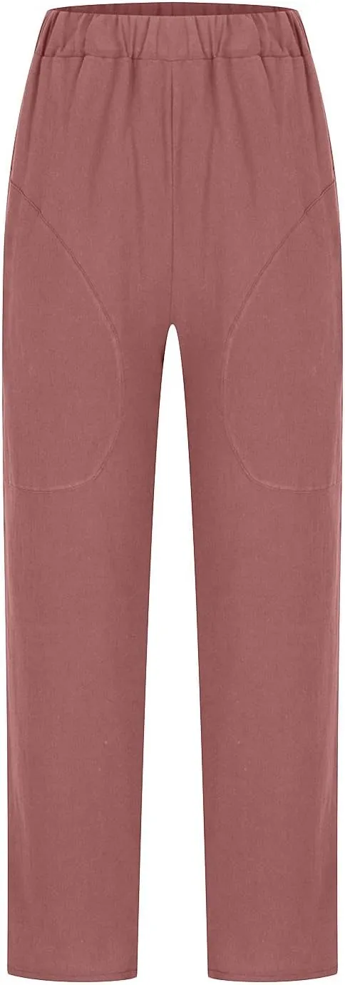 Summer Cotton Linen Pants Women Trendy Ankle Trousers High Waist Cozy Beach Pants Loose Fit Linen Straight Leg Pants