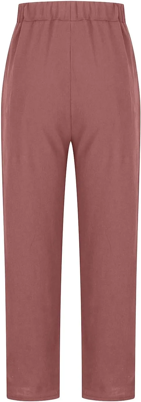 Summer Cotton Linen Pants Women Trendy Ankle Trousers High Waist Cozy Beach Pants Loose Fit Linen Straight Leg Pants