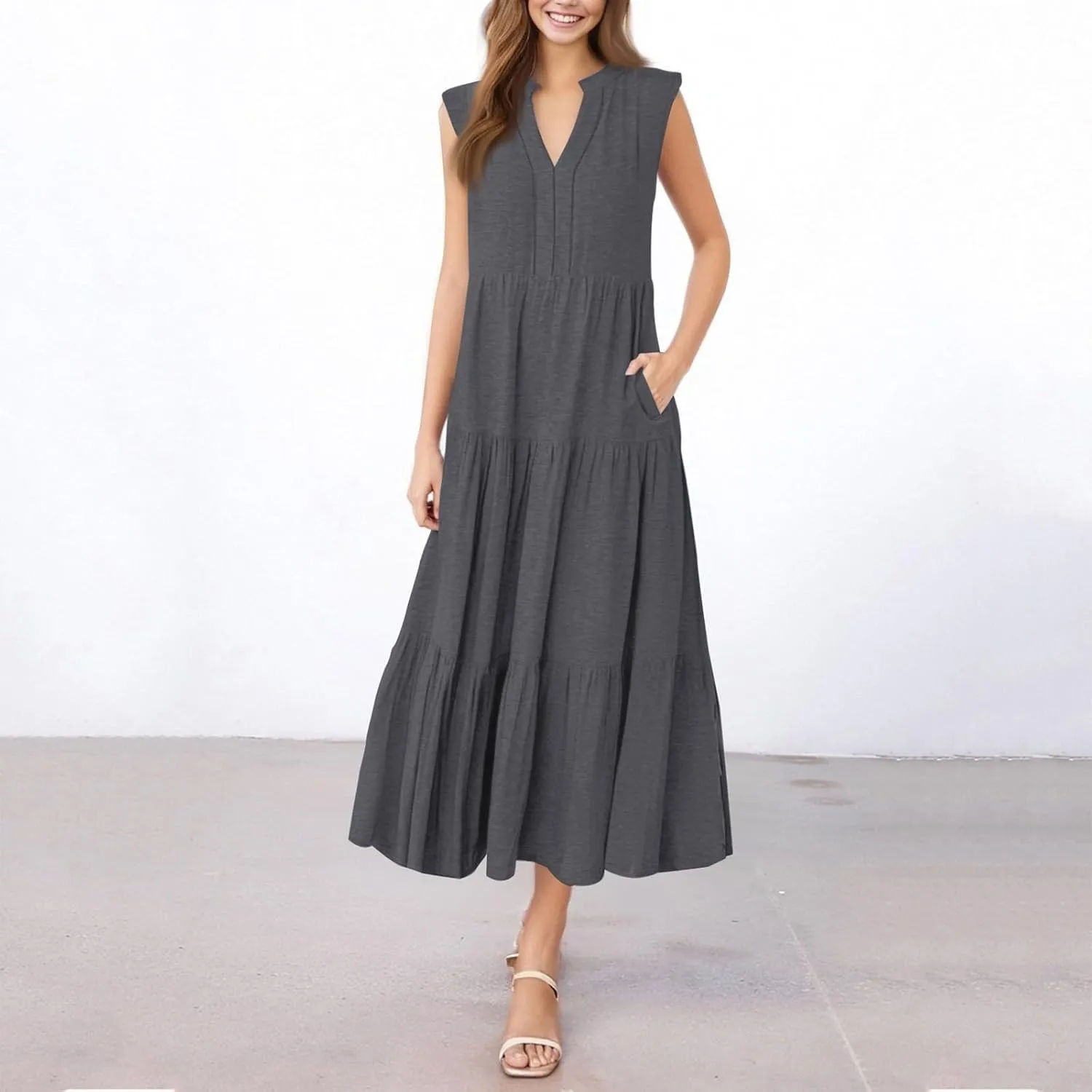 Summer Dresses for Women 2025 Casual Boho Maxi Sundresses Sleeveless V-Neck Pleated Dresses Beach Vacation Tank Dress
