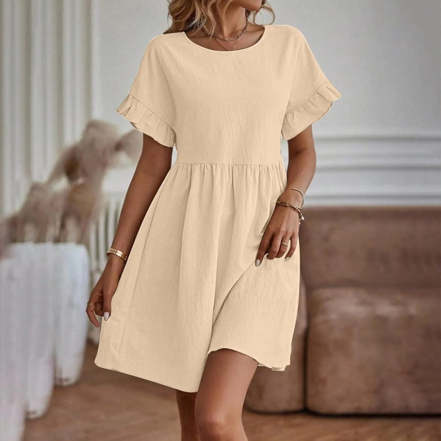 Summer Dresses Women Ruffle Sleeve Mini Dress Casual Pleated Dresses Crew Neck Vacation Sundress Flowy Beach Dress