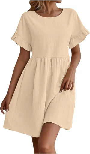 Summer Dresses Women Ruffle Sleeve Mini Dress Casual Pleated Dresses Crew Neck Vacation Sundress Flowy Beach Dress