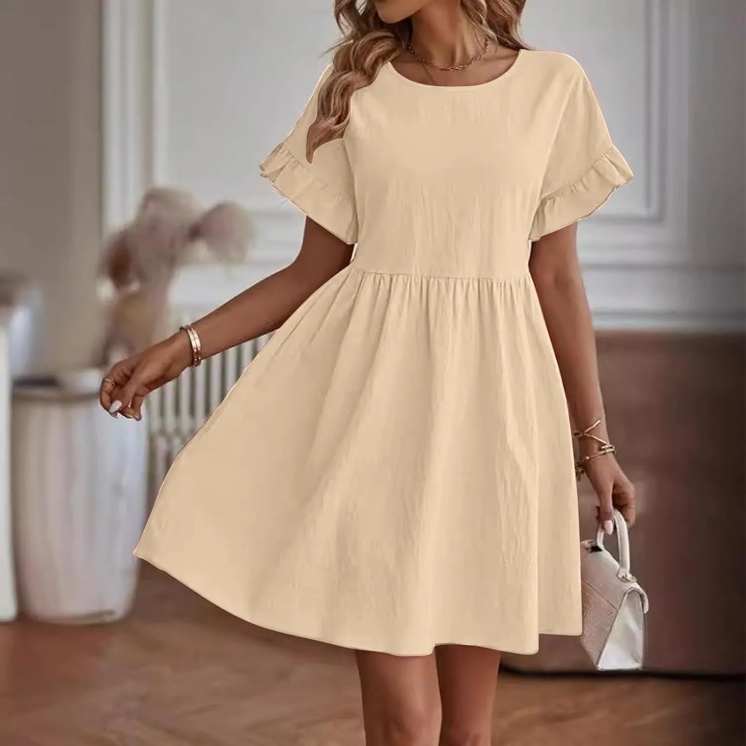 Summer Dresses Women Ruffle Sleeve Mini Dress Casual Pleated Dresses Crew Neck Vacation Sundress Flowy Beach Dress