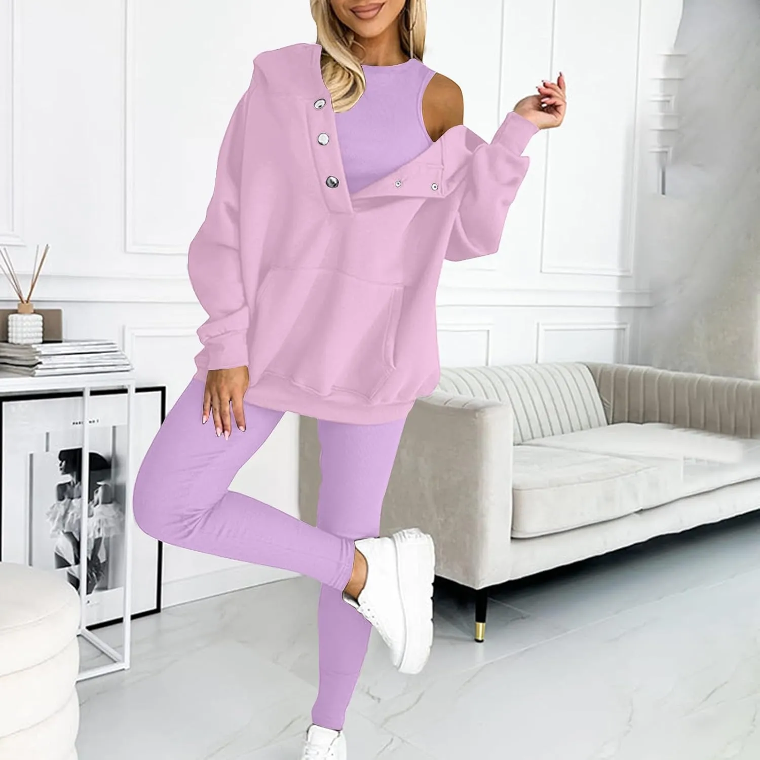 Sweatsuit Set for Women 3 Piece Oversized Outfits Button Hoodie Tank Top Long Pants Matching Lounge Set with Pockets