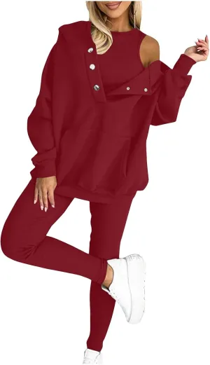 Sweatsuit Set for Women 3 Piece Oversized Outfits Button Hoodie Tank Top Long Pants Matching Lounge Set with Pockets
