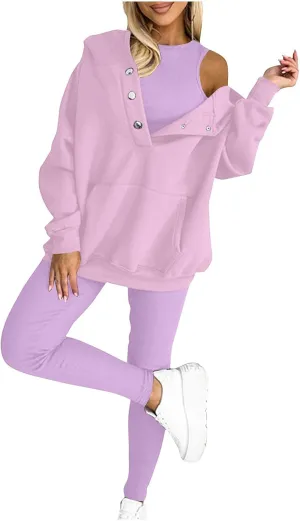Sweatsuit Set for Women 3 Piece Oversized Outfits Button Hoodie Tank Top Long Pants Matching Lounge Set with Pockets