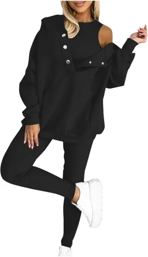 Sweatsuit Set for Women 3 Piece Oversized Outfits Button Hoodie Tank Top Long Pants Matching Lounge Set with Pockets